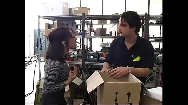 مقاطع فيديو عالية الدقة Sexy secretary in a warehouse by workers